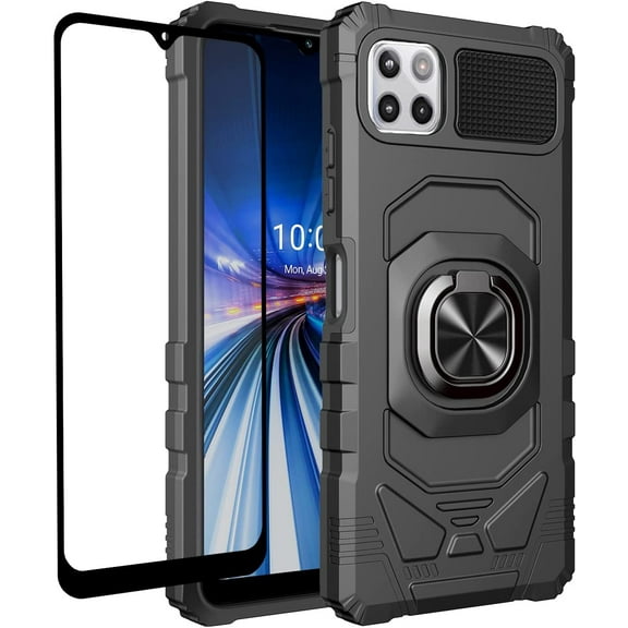 Compatible for Boost Mobile Celero 5G  Plus 2023 Case w/Tempered Glass Screen Protector [Military Grade] Ring Car Mount Kickstand Shockproof Hard Phone Case - Black