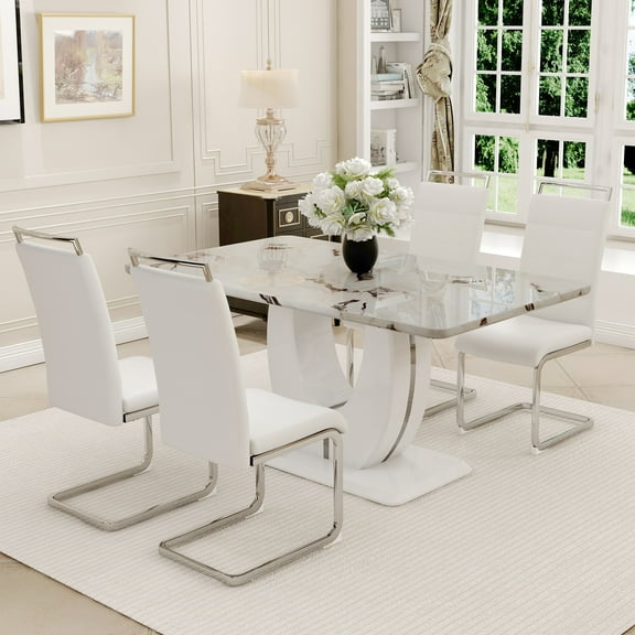 NYEESS 63 inch White Faux Marble Dining Table Set for 4 with PU Chairs, Modern Rectangle Kitchen Table for Dining Room