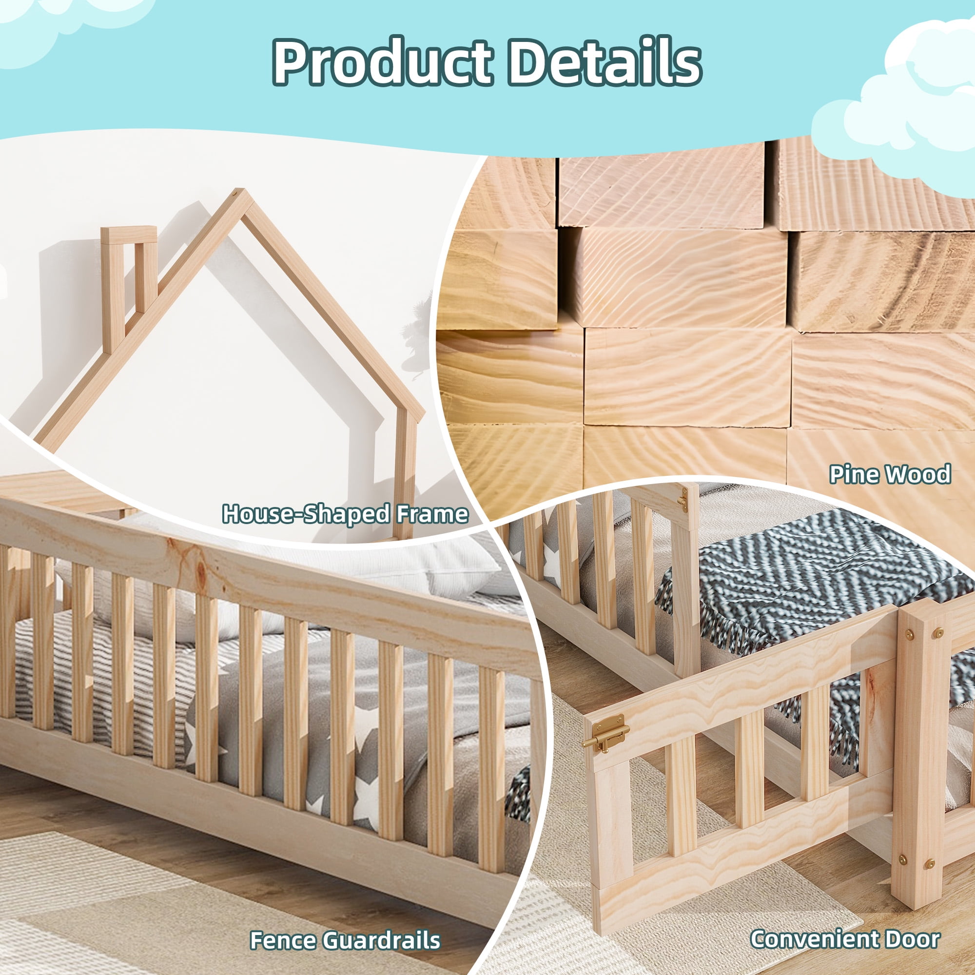 PORKISS Full Size House Platform Bed for Kids with House-Shaped Headboard, Low Floor Bed with Guardrails Fence, Natural