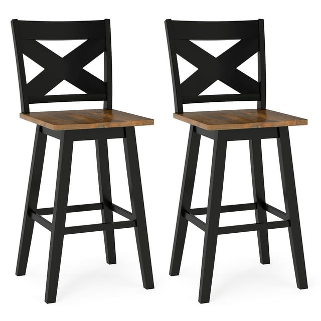 Gymax 29'' Swivel Barstools Set of 2 w/Backrest Large Seat Footrest for Kitchen Island Black & Walnut