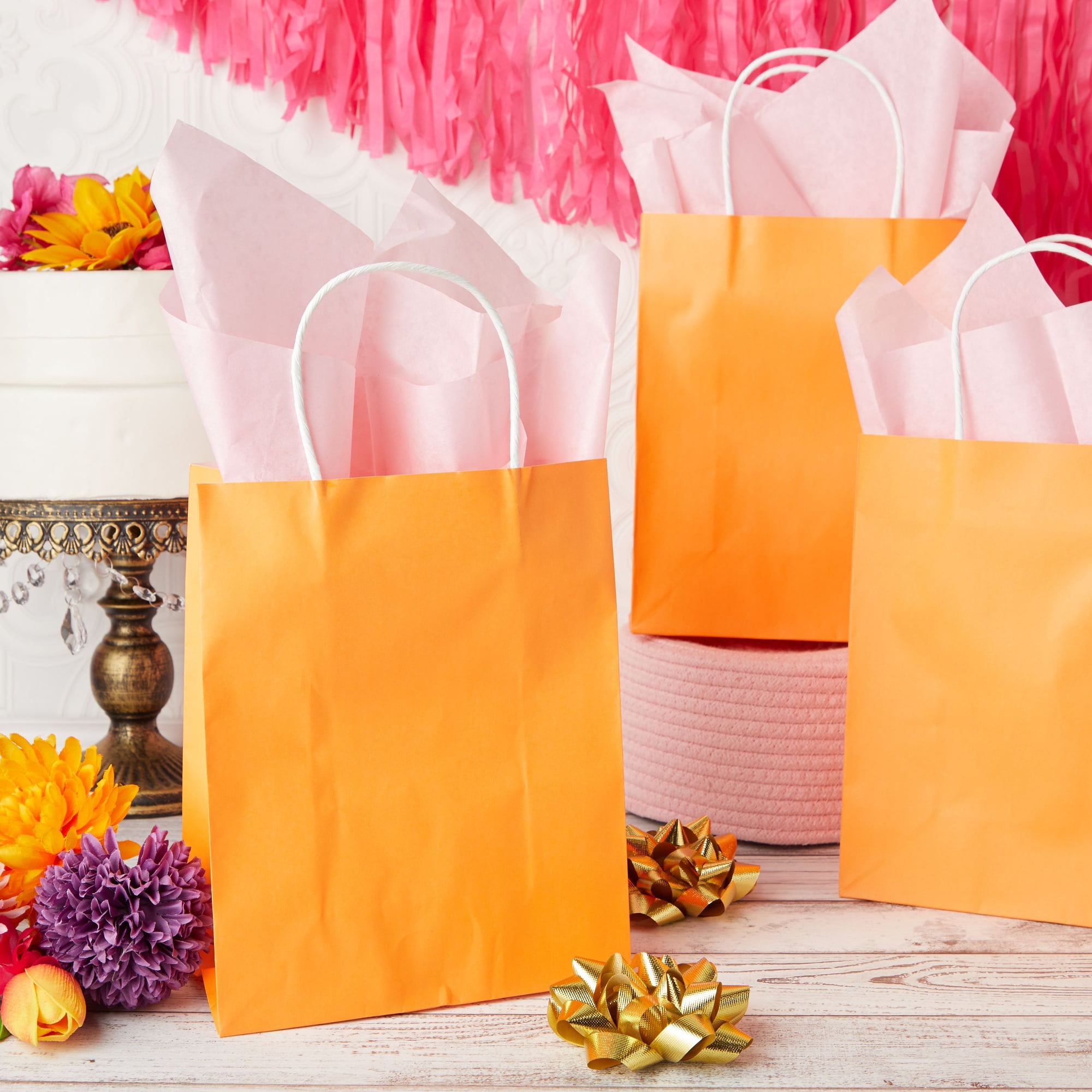 Orange Paper Bag With Blue Ribbon Handles With Box and Gift 