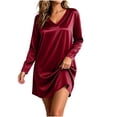 thumbnail image 2 of Guieoi Womens Dresses Long Sleeve Solid-Color Satin V-Neck Loungewear Nightgown Long Nightgown Midi Dress Red M, 2 of 8