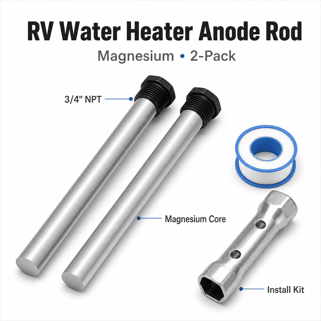 RV Water Heater Anode Rod Magnesium Sacrificial Rod Set for Camper Maintenance, 3/4-Inch NPT, Silver, 2-Pack