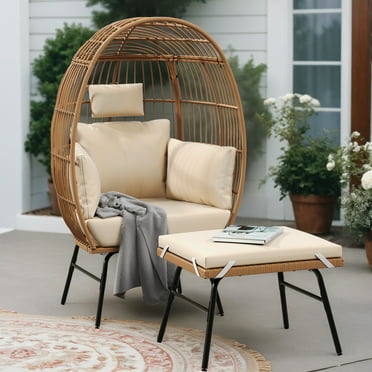 Uforic Patio Egg Chair with Ottoman,Outdoor Wicker Basket Chair with Footrest - Beige