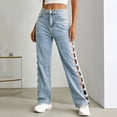 thumbnail image 2 of Olyvenn Women's High Waist Cutout Zip Button Jeans, Hollow Out Straight Leg Denim Trousers with Pockets, Outdoor Casual Streetwear Light Blue XXL, 2 of 9