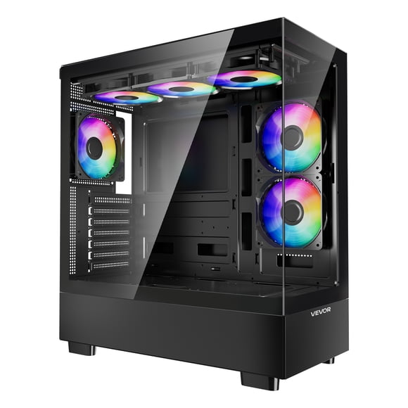 VEVOR - Caja para juegos de PC, torre media, con panel de vidrio templado de alto flujo de aire, filtro antipolvo, 6 ventiladores PWM ARGB de 120 mm, gestión de cables sencilla