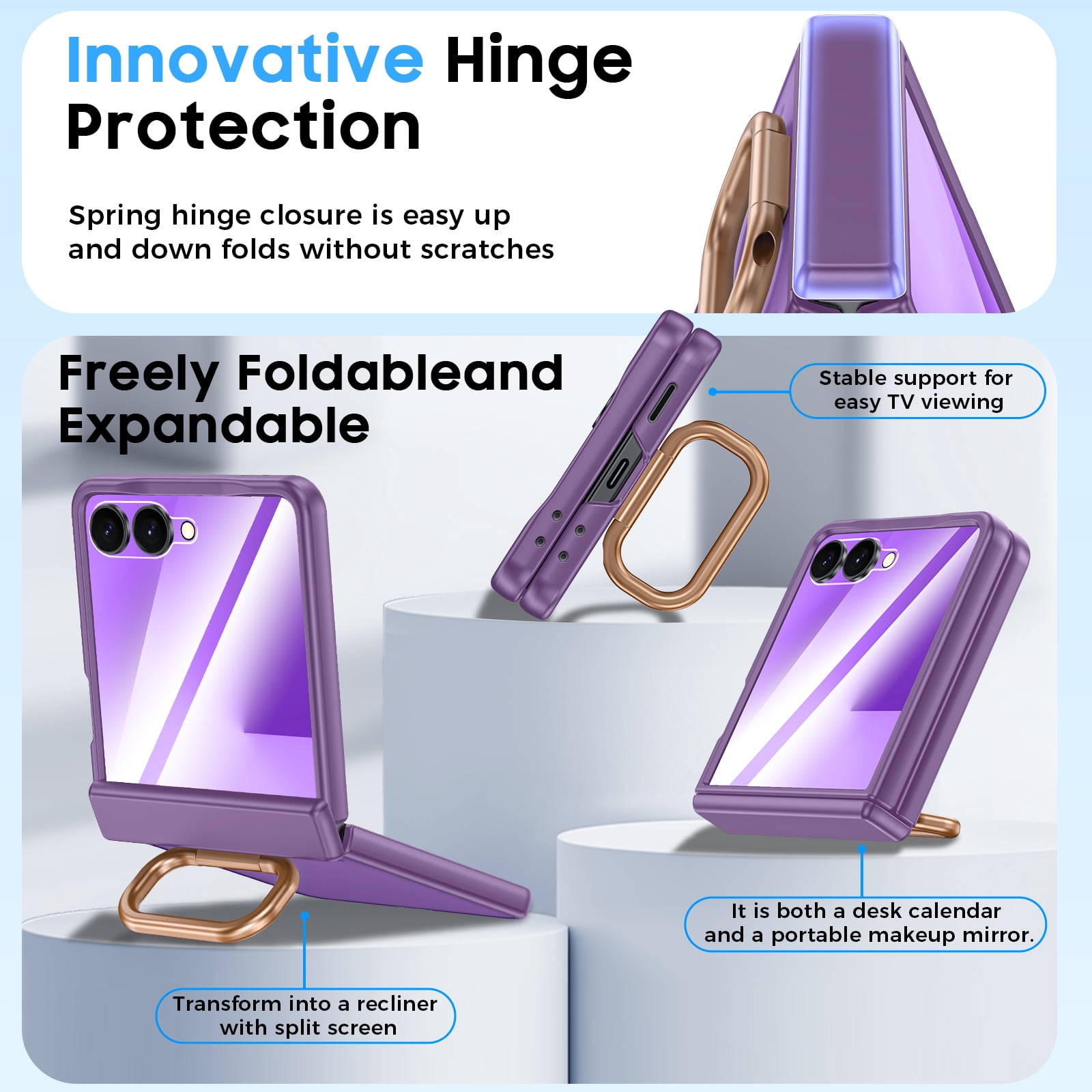 Vizvera for Samsung Galaxy Z Flip 7 Case with Ring Holder & Screen Protector & Hinge Protection,Wireless Charging,Skin Feel Matte PC,Shockproof Phone Case-Purple