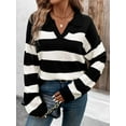 thumbnail image 5 of Women'S Sweater Loose Long-Sleeved Lapel Knitted Top Sweater Striped Contrast Color Pullover Black M, 5 of 9