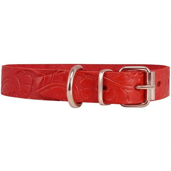 Genuine Tooled Leather Dog Collar Floral Pattern Red 3 Sizes (Neck Circumf: 10"-13"; 3/4" Wide)