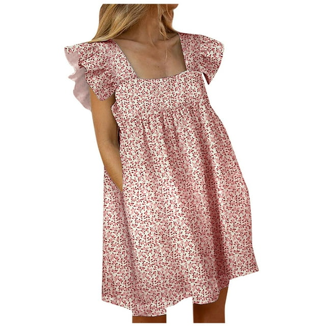 Gibobby Vestidos para Mujer Vestido de verano para mujer Elegante cuello cuadrado Bolsillo Puffles Manga corta Midi Vestido(Rosa,XL)