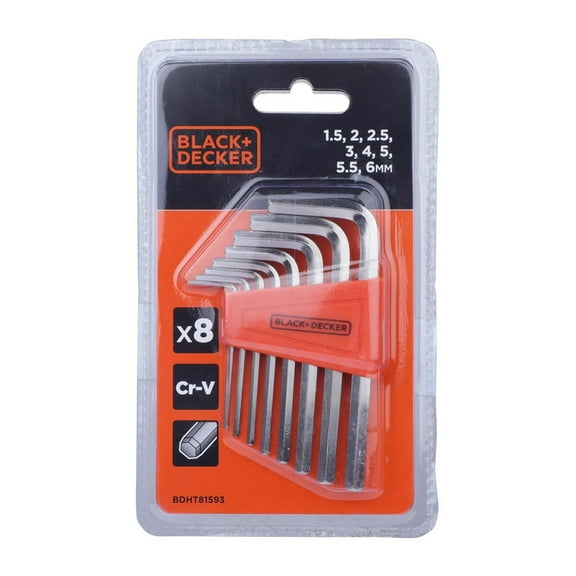 BLACK DECKER BDHT81593 8-Piece Steel Hexkey Set Ideal for Repair & Maintenance for Home & DIY Use -1.5, 2, 2.5, 3, 4, 5, 5.5, 6 mm, 6 Months Warranty, ORANGE & BLACK