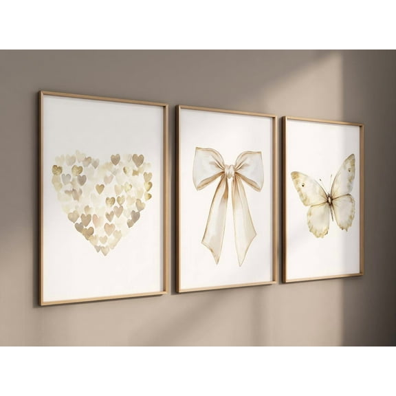 UNFFRAMED Beige Gold Wall Art Set With Heart, Bow, And Butterfly Prints. Neutral Nursery, Modern Decor For Bedroom, Nursery, Girls Room, Teen Room #201 Set 3 Prints 8x12