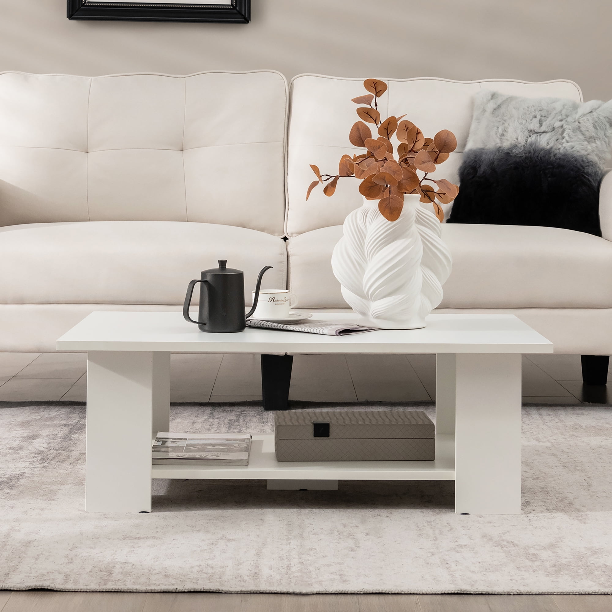 Costway Coffee Table 2-Tier Modern Center Cocktail Table W/Storage Shelf for Living Room White