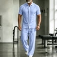 thumbnail image 2 of Men's Cotton Linen Sets 2 Piece Outfits Beach Wedding Clothes Loose Fit Casual Short Sleeve Button Down Shirts Yoga Pants Summer Matching Suit Sky Blue, 2 of 5