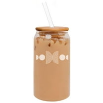 16oz Can Shaped Glass Iced Coffee Cup with Bamboo Lid and Straw Gift Mid Century Modern Circles