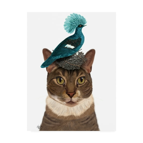 Trademark Fine Art 'Cat With Nest And Blue Bird On Head' Canvas Art by Fab Funky