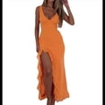 thumbnail image 2 of Vestido de Cóctel para Mujer, Maxivestido Informal Ajustado con Escote en V, Sin Mangas, de con Dobladillo con Volantes, Espalda Descubierta y Abertura Alta. Color Naranja S, 2 of 8