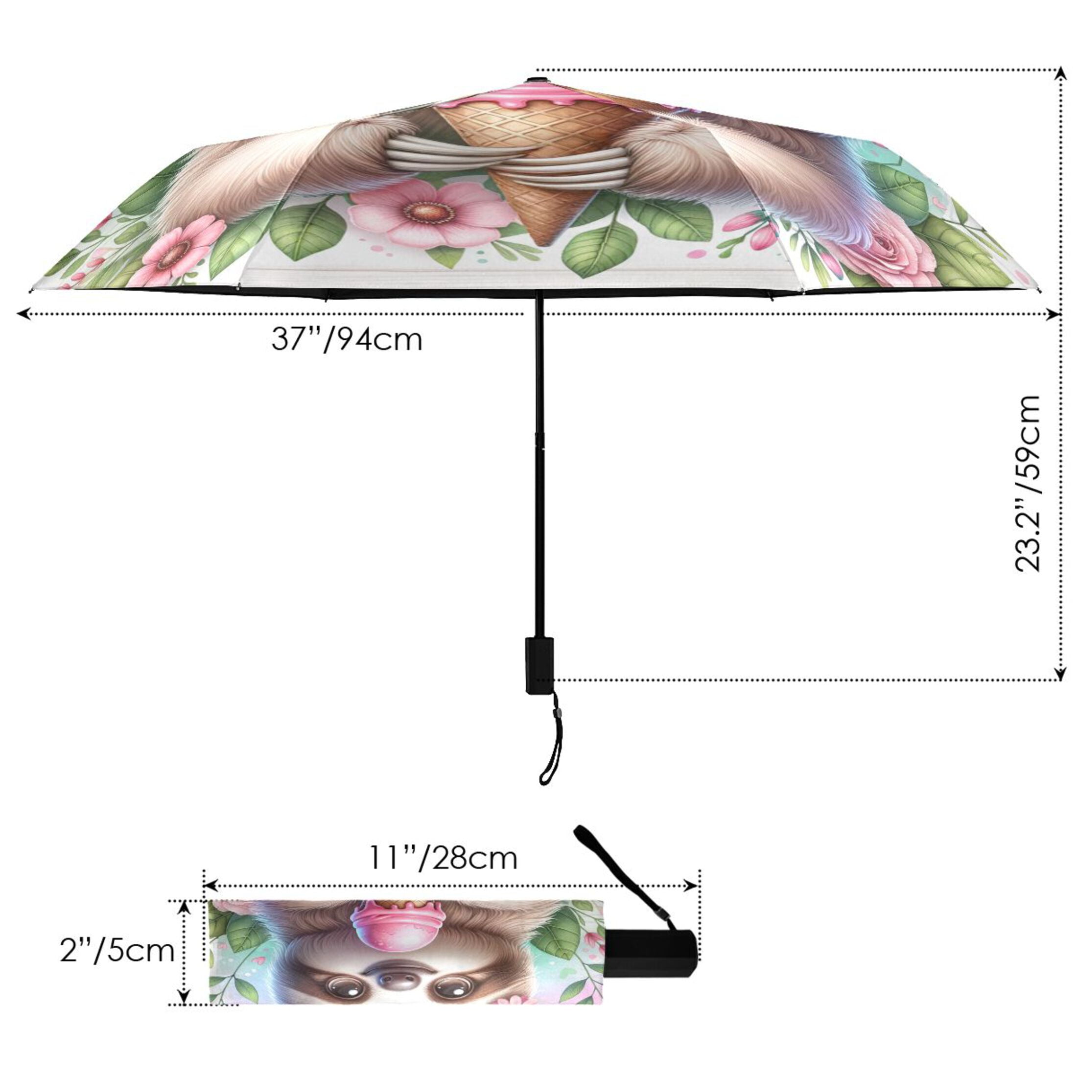 Compact Sun Umbrella Windproof Travel Umbrellas for Rain Strong Portable UV Protection Cute Sloth with Ice Cream