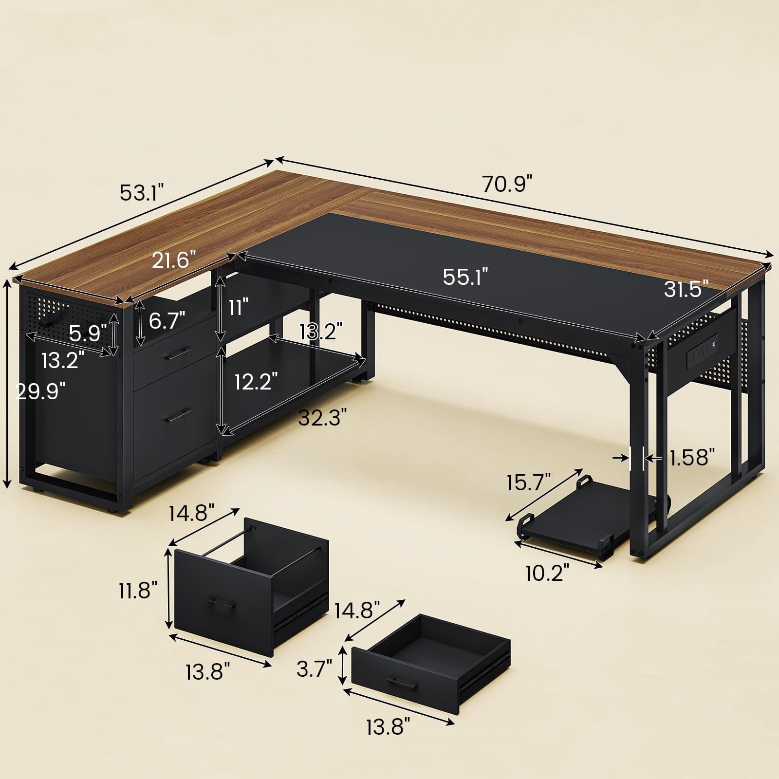 71" L-Shaped Executive Desk with Power Outlets & Mobile CPU Stand, Computer Desk with Storage Shelves, File Cabinet & Pegboard, Corner Desk for Office, Home, Walnut