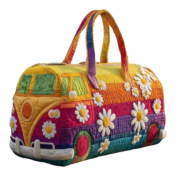 Short-Haul Handbag With Embroidery, Multi-Functional Sports Fitness Bag, Hippie Van Quilted Duffle Bag Boho Retro Floral Style, Suitable For Women As Weekender Travel Bag Short 18*9*9 Inch