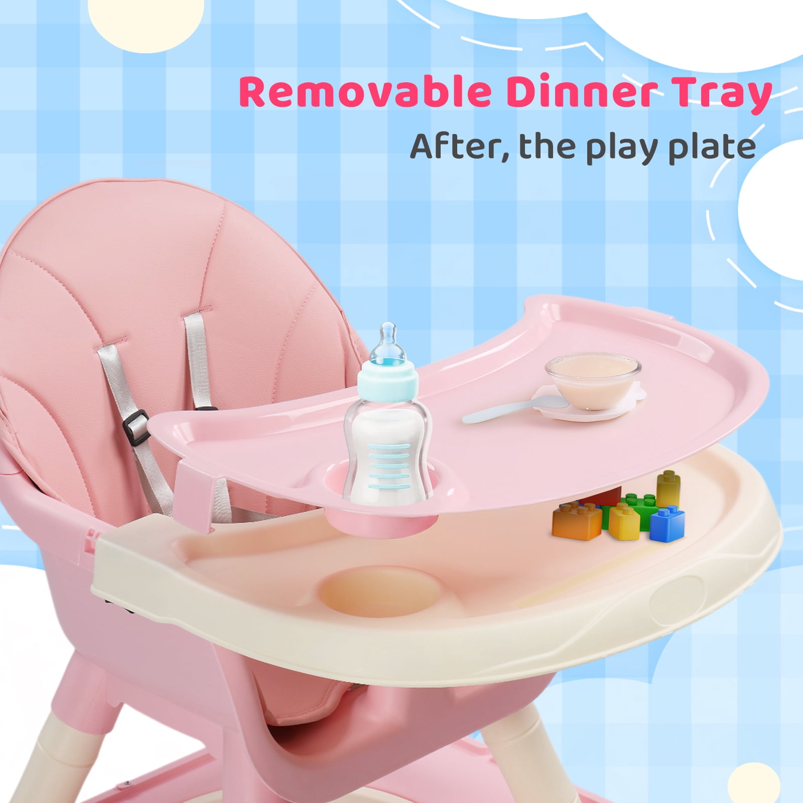 PEXMOR 7 in 1 Convertible Baby High Chair, Leather Cushion Eating Table Chair Set for Babies Toddlers, Pink