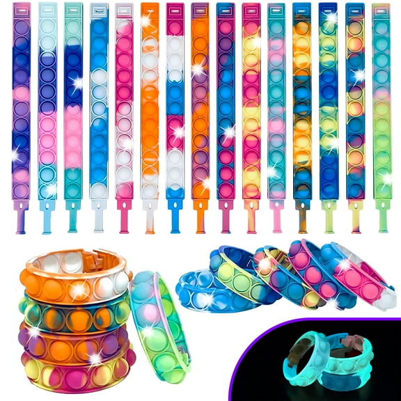 60 PCS Fidget Bracelets pop toy, Glow in The Dark, Rainbow Party Favors, Anti-Anxiety Stress Relief Wristband Set, Push Bubbles Sensory Autistic Pack Kids Ages 5 8 12 Adult Student Gift