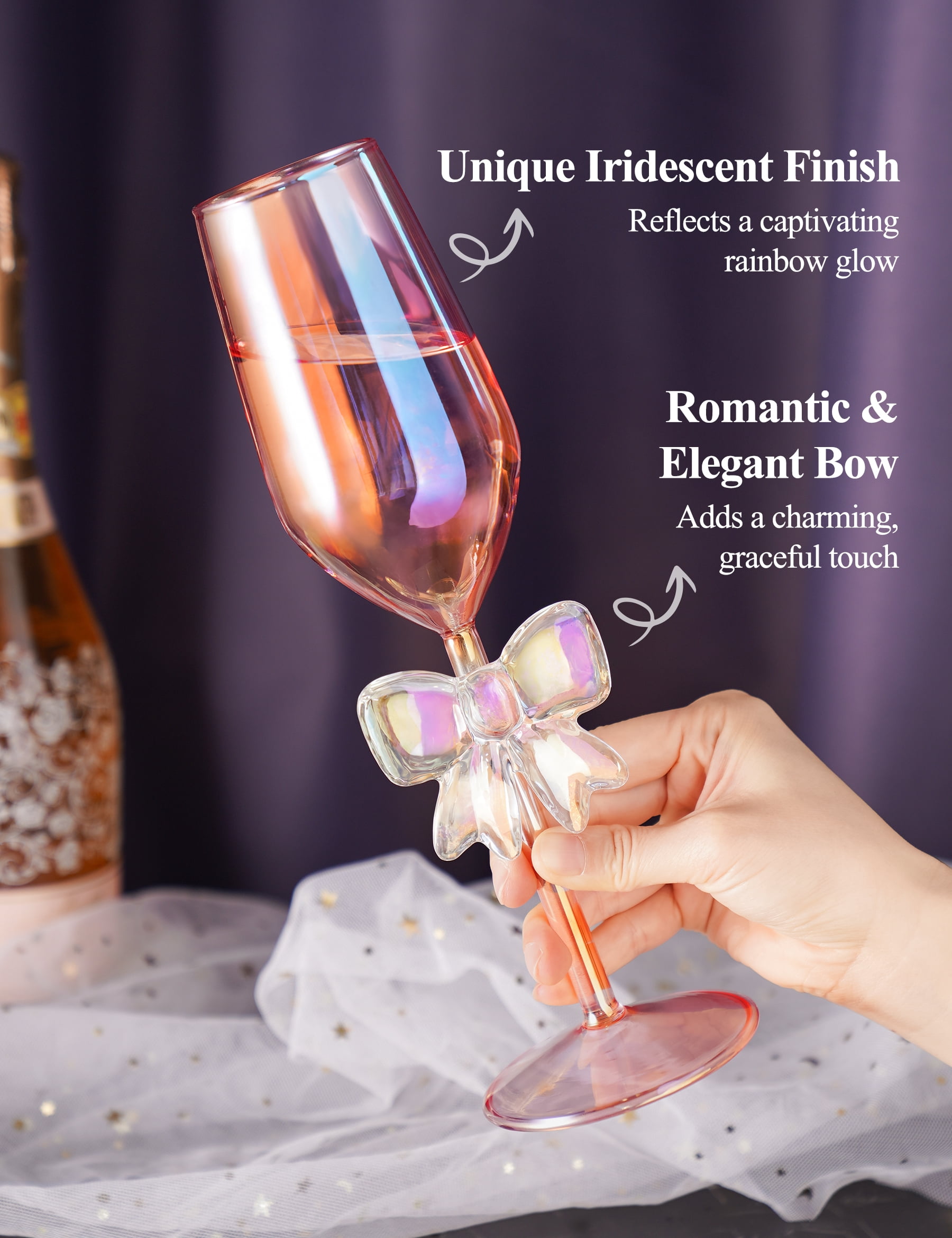 NiHome 2-Pack Pink Iridescent Champagne Flutes with Bow Base for Women, 10.5oz Handcrafted High Borosilicate Glasses, Elegant Rainbow Glassware for Wedding Party Celebration, Unique Tall Drink Cups