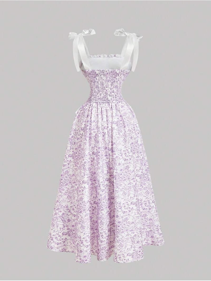 graduation dress lilac Purple Bowknot Strap Floral Print Long For Summer Modest A-Line Dress Style-Color-Dim:AP1D106464_AA967_M