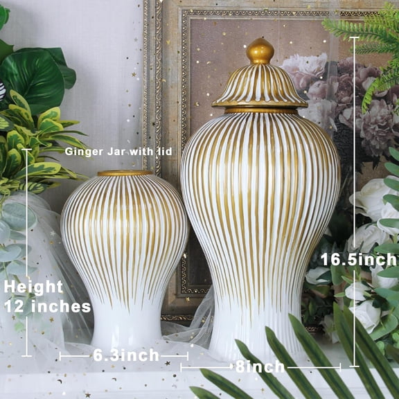 White and Gold Flower Vase, Modern Minimalist Ceramic Decorative Ginger Jar for Centerpieces, Tabletop Home Décor for Living Room, Bedroom, Office, Bookshelf, Fireplace (16.5in)