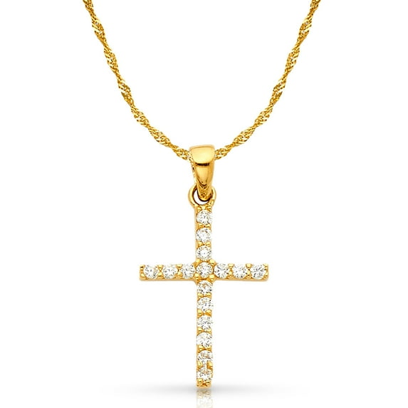 14K White Gold Fancy Cross Round Cut Cubic Zirconia CZ Charm Pendant with 1.2mm Singapore Chain Necklace - 16"