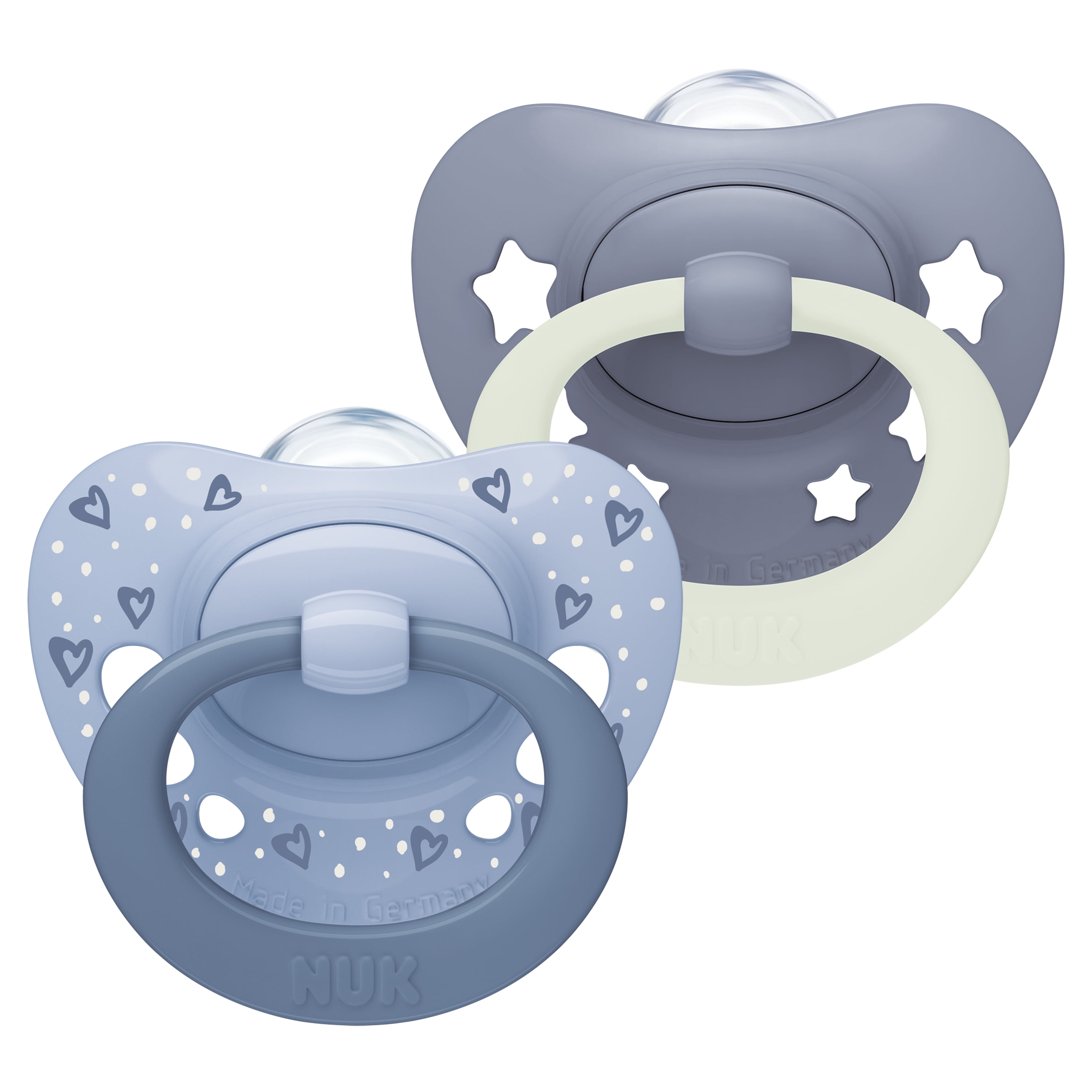 Sucettes de nuit pour bébé NUK First Choice classique, 0 à 6 mois, sucettes orthodontiques qui brillent dans le noir, 95 % d’acceptation des bébés**, bleu, 2 pièces