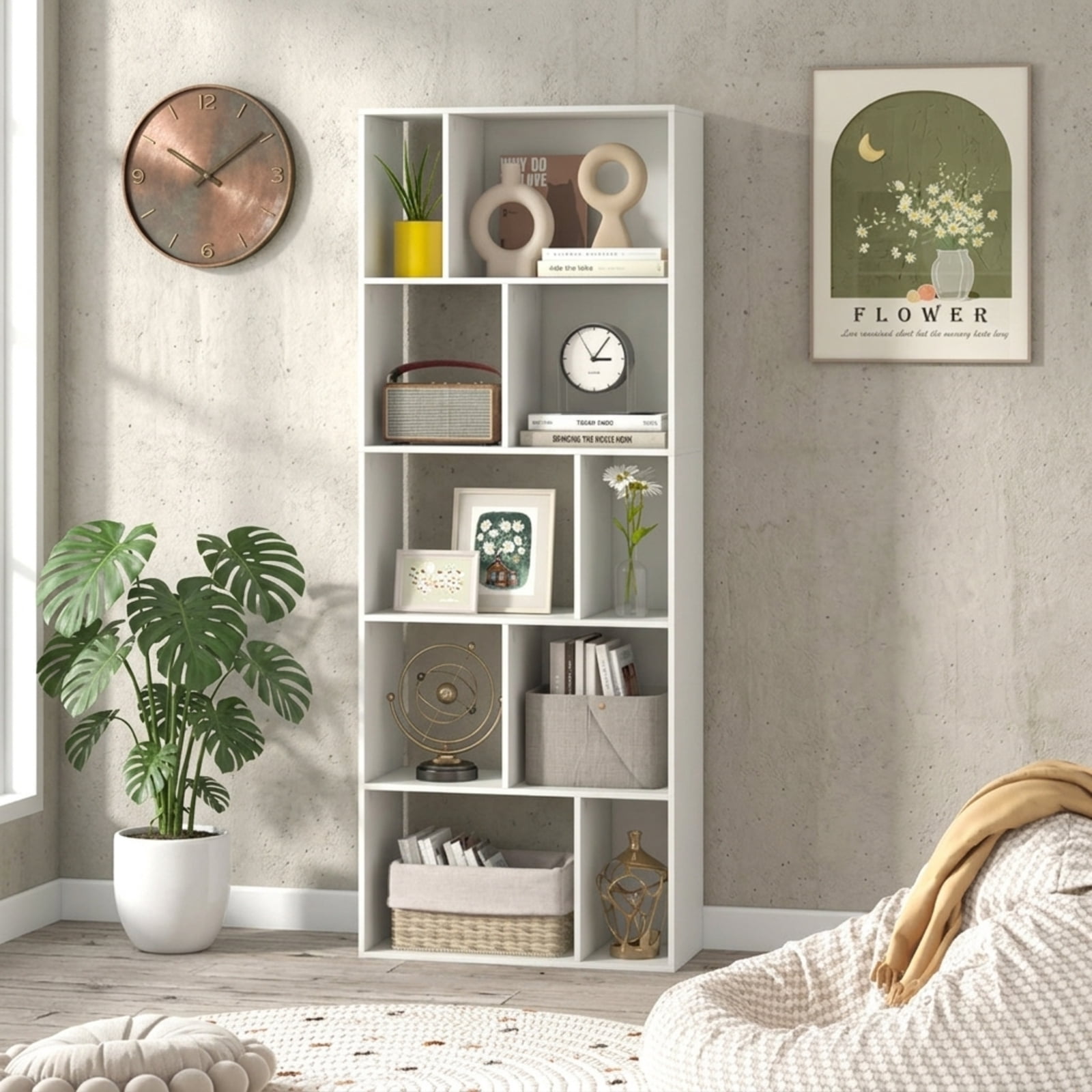 Furnibear 63 Inch 5-Tier Geometric 10-Cube Bookshelf Tall Bookcase for Living Room Home Office Bedroom Display Storage Shelf, White