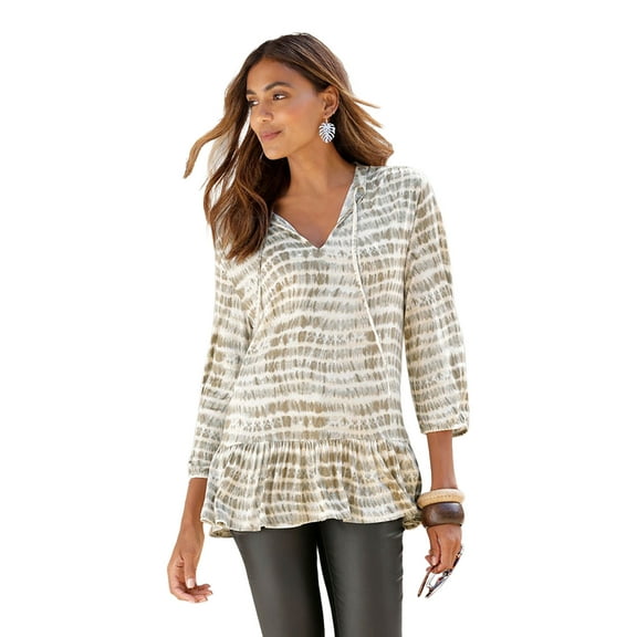 LASCANA Women's Tie Neck Print Blouse Shirt Ruffle Trim