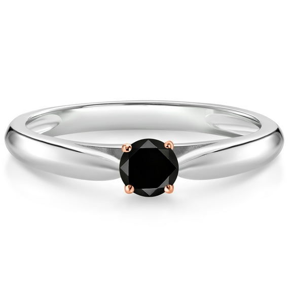 Gem Stone King 925 Silver and 10K Rose Gold Black Diamond Solitaire Engagement Ring for Women (0.17 Cttw, Gemstone April Birthstone, Round 3.5MM, Size 9)
