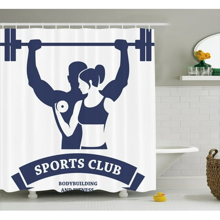 Fitness Shower Curtain, Sports Bodybuilders Club Man and Woman with Dumbbells Muscles Biceps Form, Fabric Bathroom Set with Hooks, 69W X 84L Inches Extra Long, Dark Blue White, by