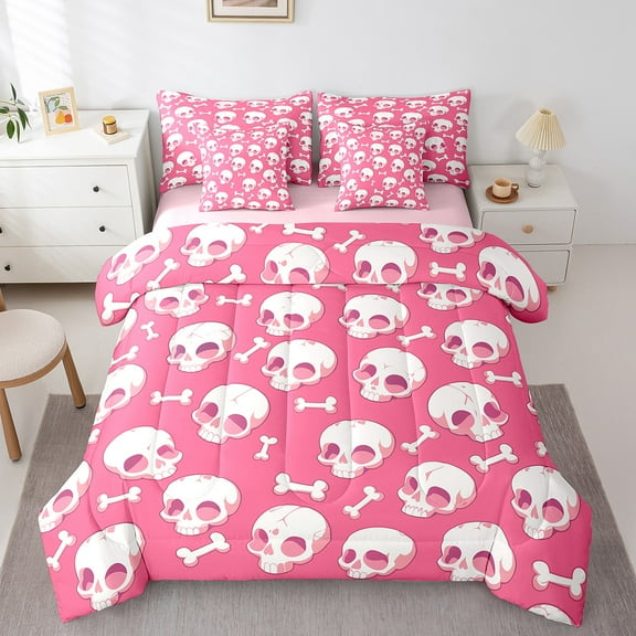 Erosebridal Pink Skull Bed in a Bag Twin size, Kawaii Skeleton Bedding Sets Twin Size, Happy Halloween Reversible Comforter Sets with Sheets, Microfiber Bedroom Decorative, 7pcs