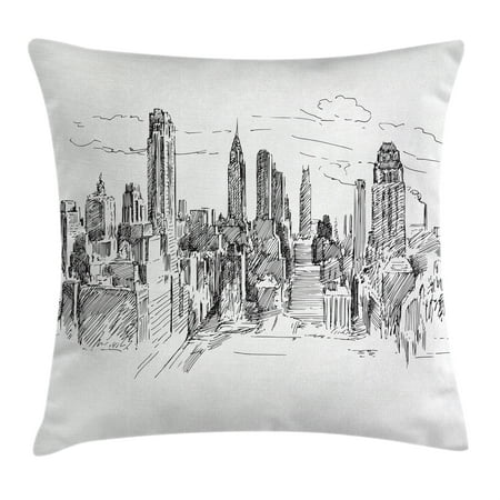 New York Throw Pillow Cushion Cover, Hand Drawn NYC Cityscape Tourism Travel Industrial Center Town Modern City Design, Decorative Square Accent Pillow Case, 18 X 18 Inches, Grey White, by