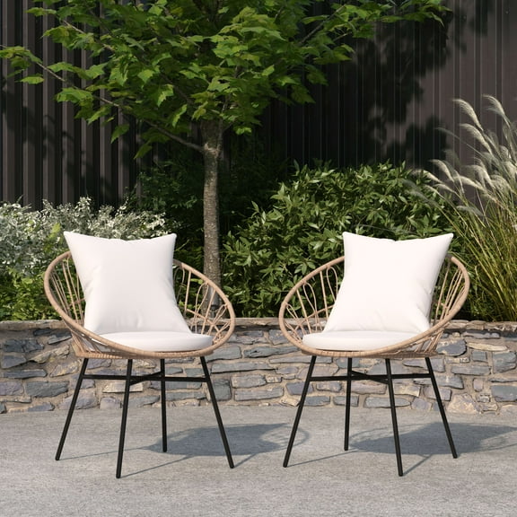 Merrick Lane Set Of 2 Faux Rattan Rope Patio Chairs, Tan Papasan Style Indoor/Outdoor Chairs with Light Gray Seat & Back Cushions