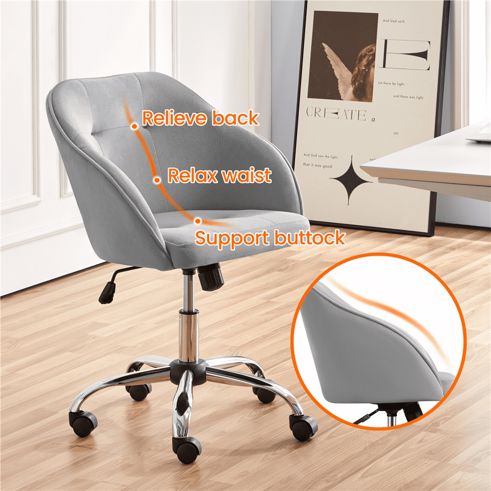 Alden Design Adjustable Swivel Velvet Desk Chair for Home Office, Light Gray