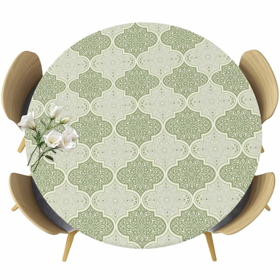 Round Table Cover 45-54 Inch Sage Green Morocco Waterproof Reusable Table Cloth Round Fitted Vinyl Tablecloth with Elastic Edged for Parties Outdoors, Vintage Abstract Geometric Pattern