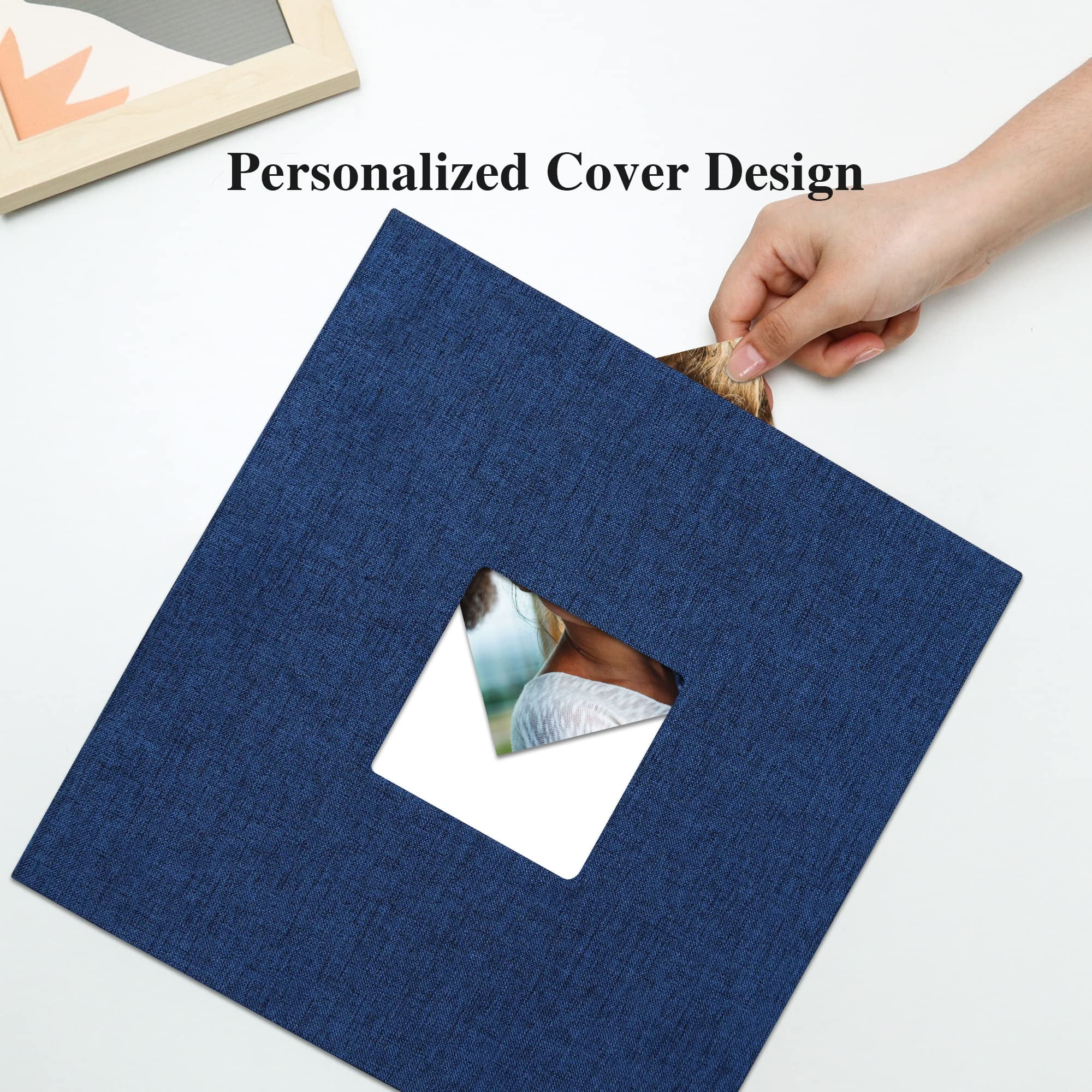 Bevtee Photo Album Self Adhesive 4x6 8x10 DIY Picture Scrapbook, 40 Pages Linen Cover with Display Window, with Pen, for Moms, Families, Babies, and Weddings, Blue