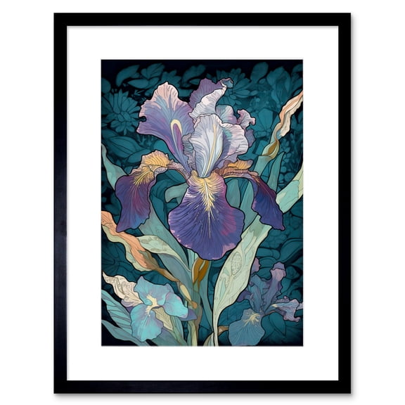 A Single Iris Flower Bloom Purple Teal and Yellow Artwork Framed Wall Art Print 9X7 Inch