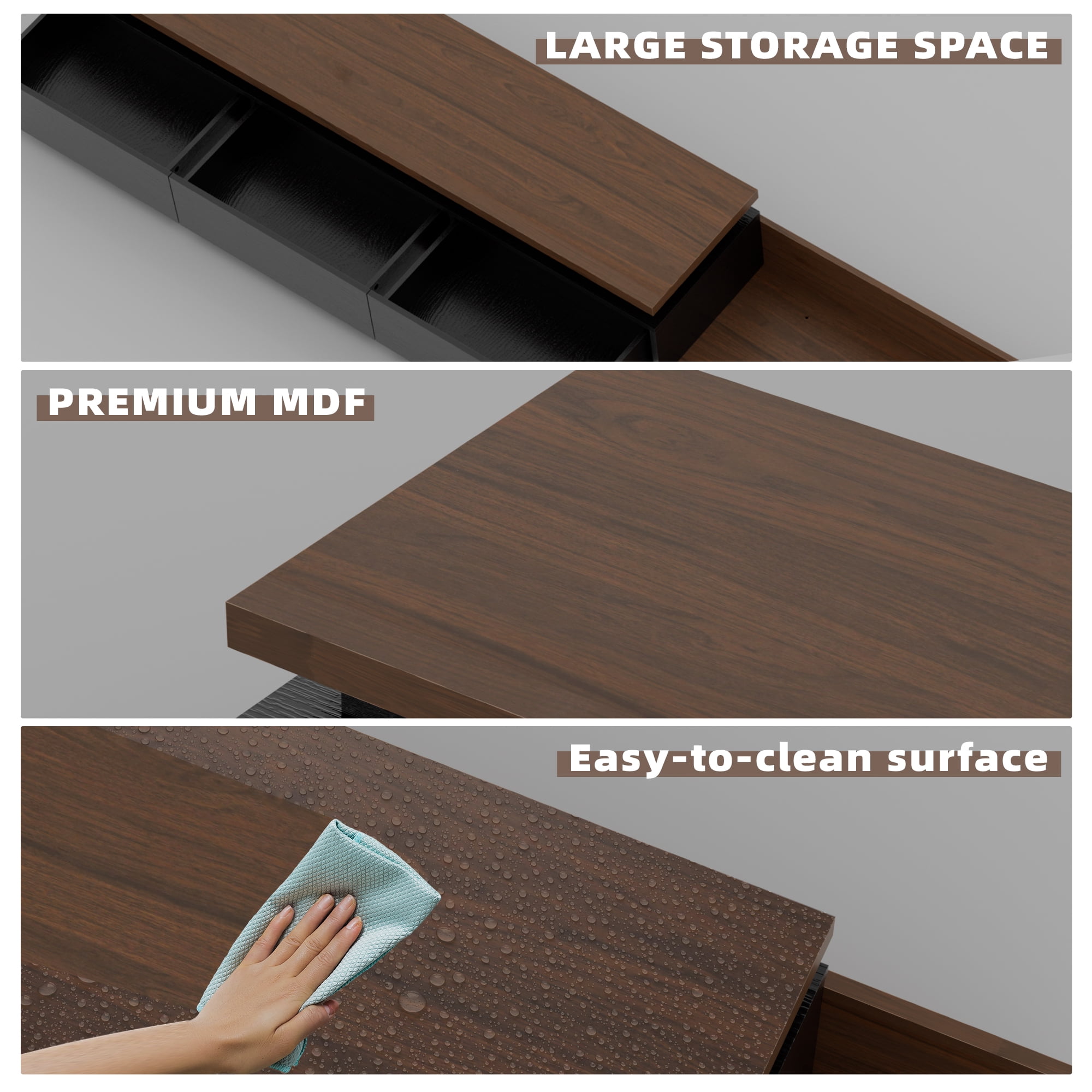 Tolead Extendable TV Stand with LED Lights – Modern Reversible Wood Entertainment Center for TVs 80"-106" with Three Drawers, Black & Walnut Finish, Ideal for Living Room & Bedroom