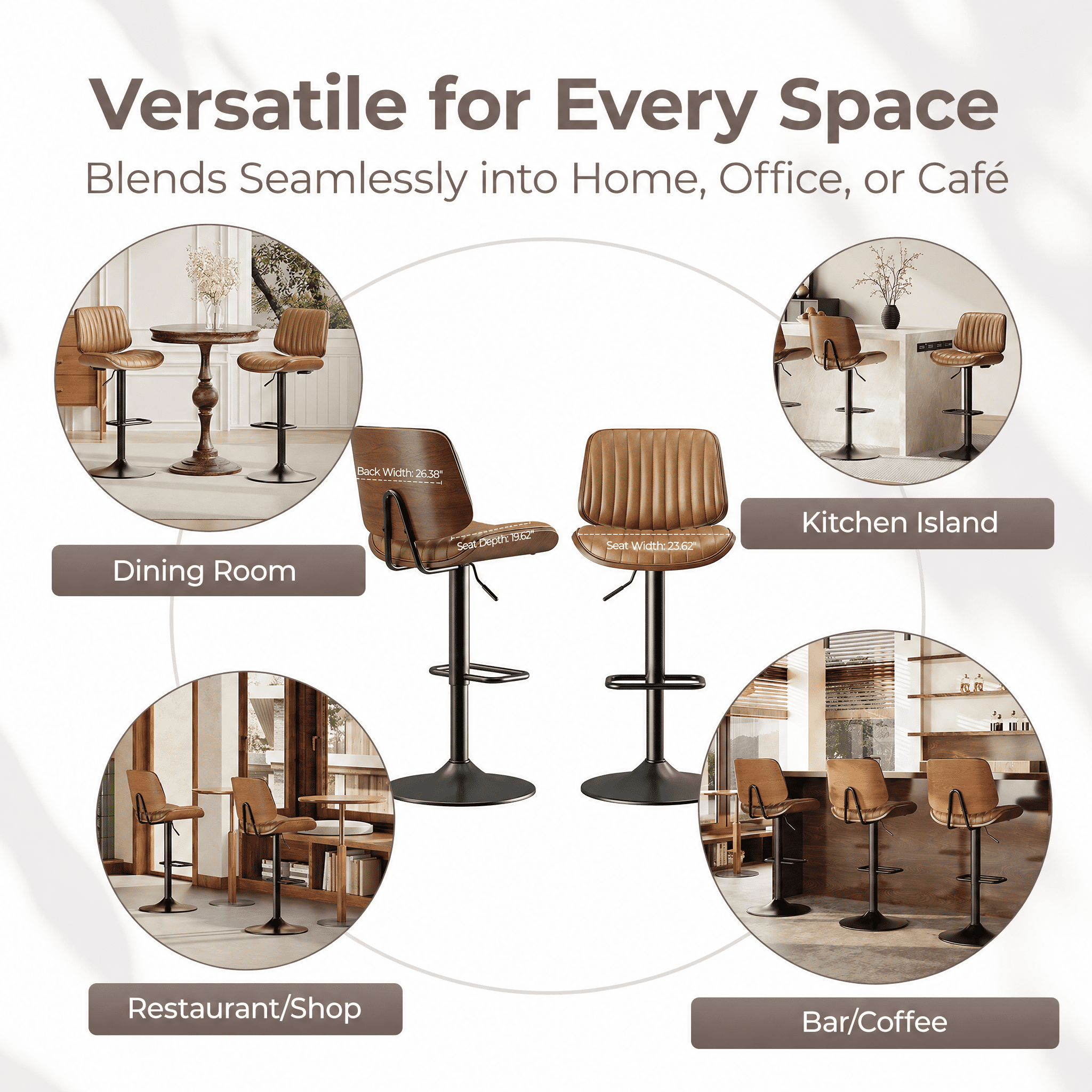 EOP Modern Upholstered Barstools Set of 4, Adjustable Height Counter Stools with Bentwood, Faux Leather Swivel Bar Stools with Metal Frame, Brown