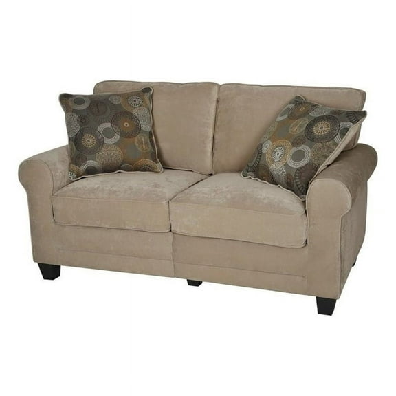 Pemberly Row Traditional Velvet Loveseat with 2 Pillows in Marzipan Beige