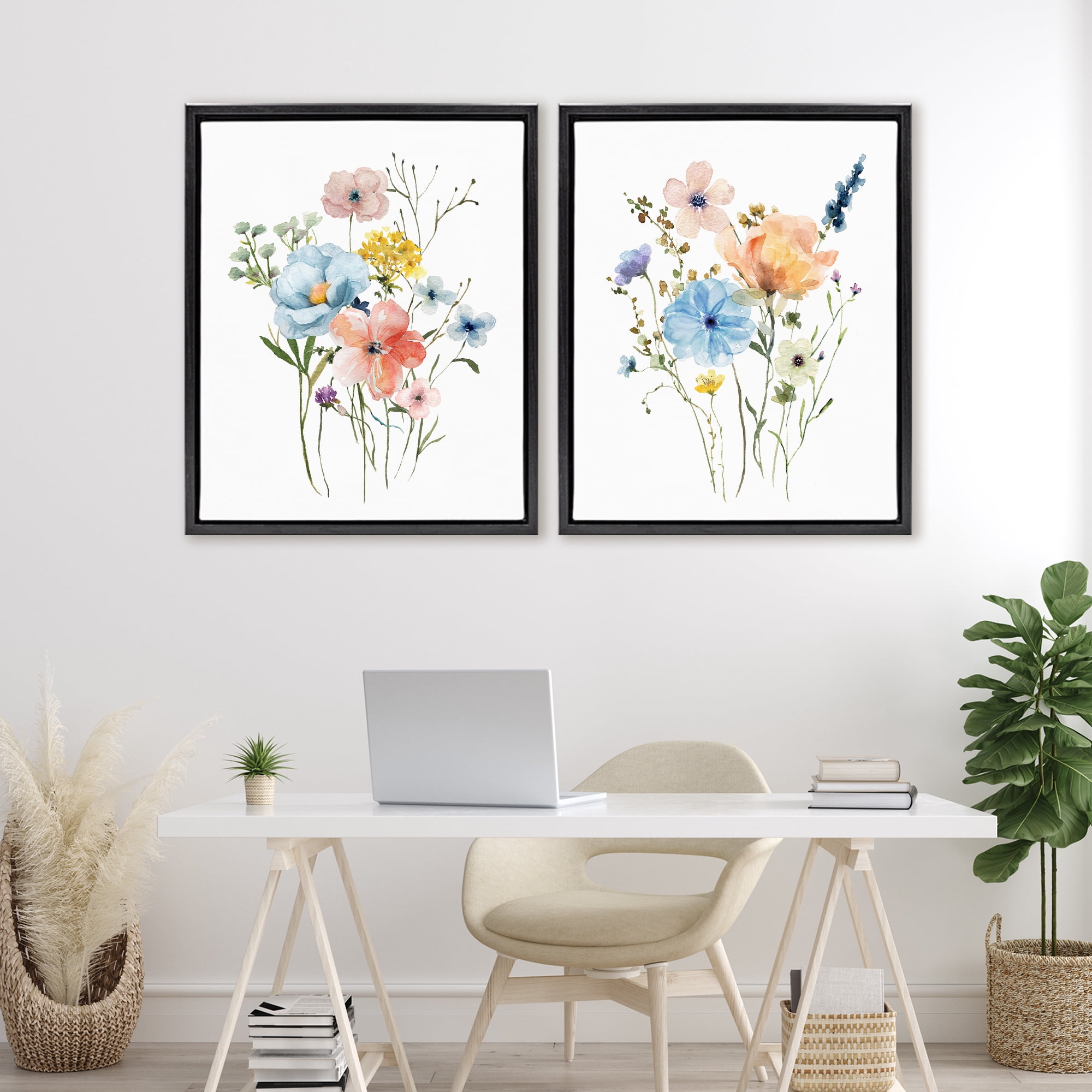 Stupell Industries Wildflower Sprig Bundles 2 Piece Black Framed Floater Canvas Set, design by Livi Finn
