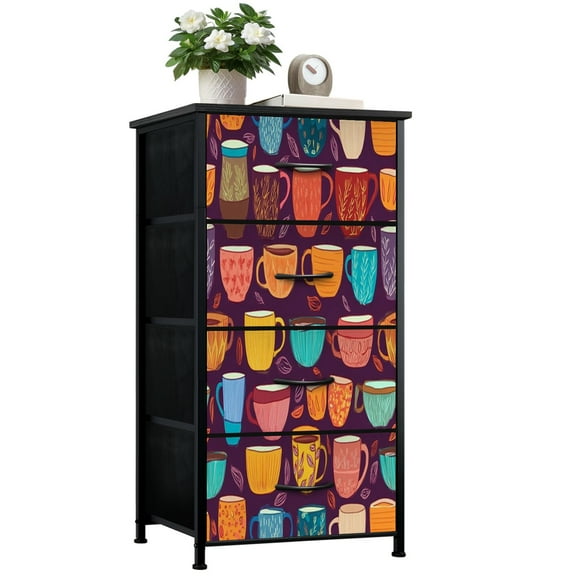Dresser for Bedroom with 4 Storage Drawers Colorful Hand Drawn Mugs Teacups Leaf Details Dressers Chest of Drawers Steel Framed Fabric Closet Organizers for Entryway