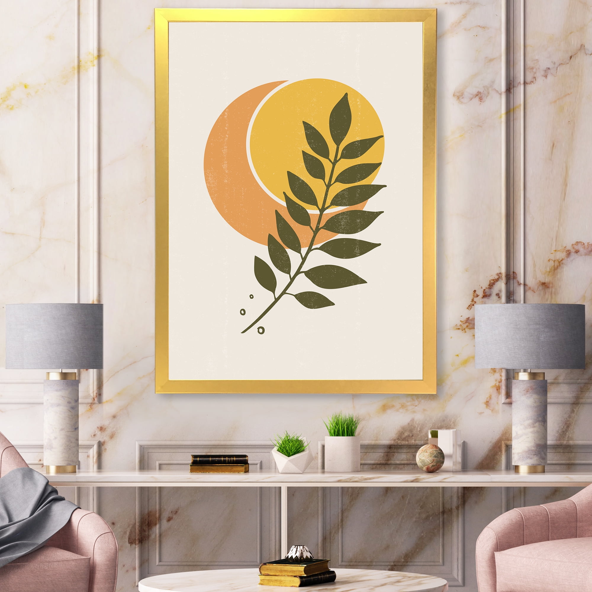 Designart 'Abstract Geometrical Moon and Sun With Leaf V' Modern Framed Art Print