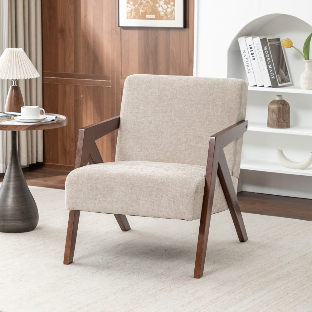 Mid Century Modern Accent Chair, Upholstered Reading Armchair with Rubber Wood Frame, Soft Fabric, Curved Arms for Living Room, Bedroom & Office, Greige
