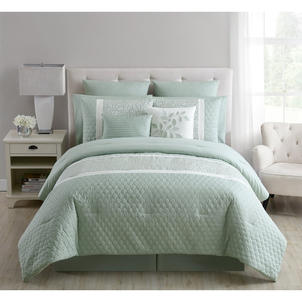 VCNY Home Lamie Embroidered Leaf Mint Comforter Set, Queen, Mint Green